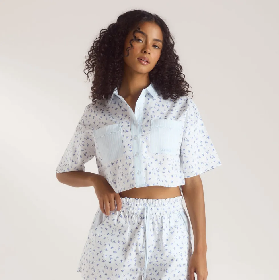 Bloom & Stripe Short-Sleeved Pajama Shirt - Blue