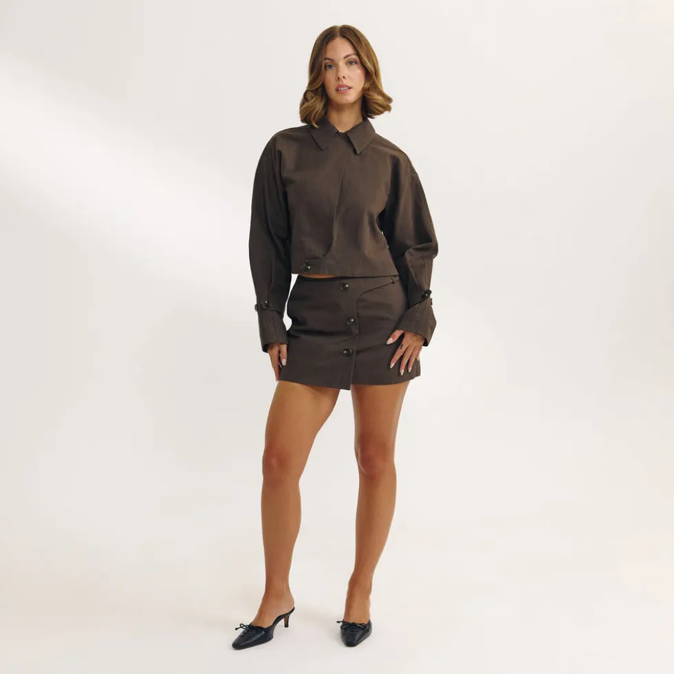 Button Detail Mini Skirt - Dark Brown