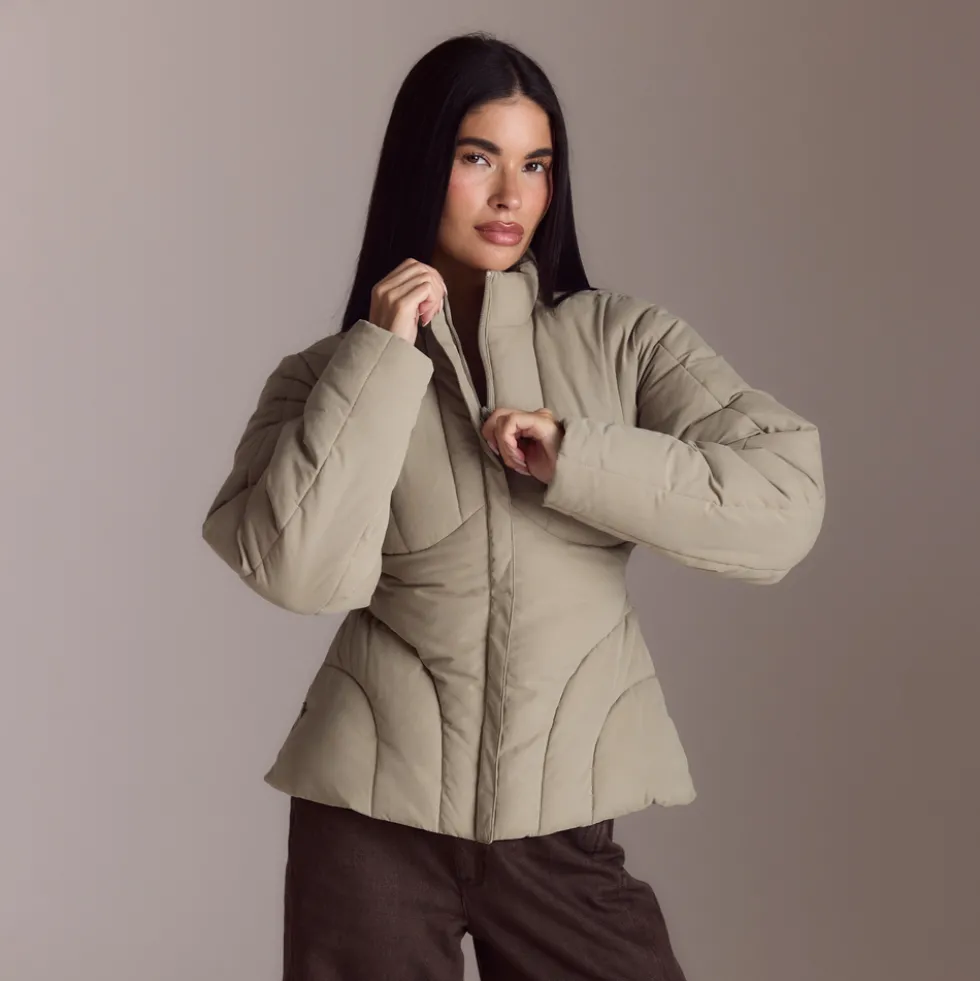 Cinched Puffer Coat - Thyme