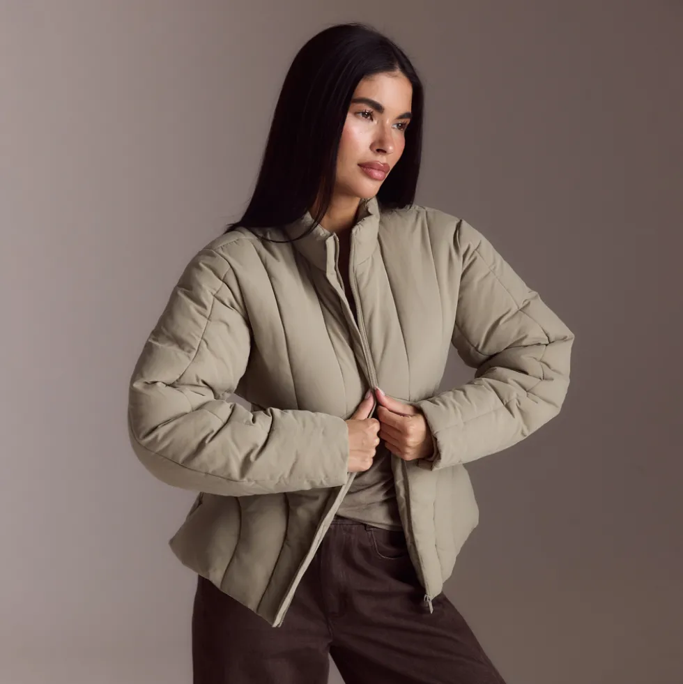 Cinched Puffer Coat - Thyme