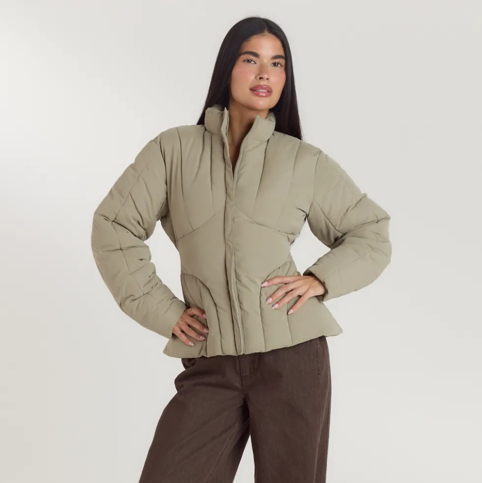 Cinched Puffer Coat - Thyme