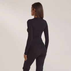 Cotton Blend Long Sleeve Top - Black