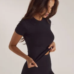 Cotton Blend Short Sleeve Top - Black