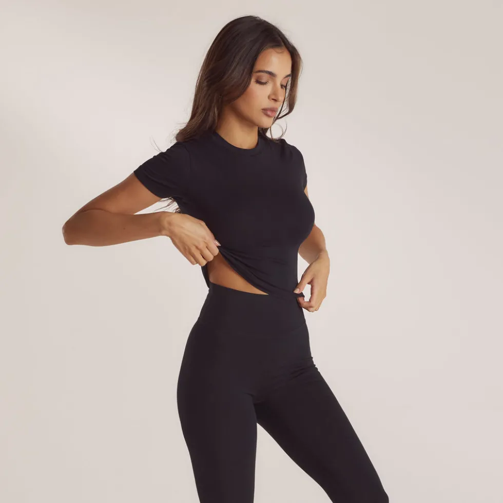 Cotton Blend Short Sleeve Top - Black