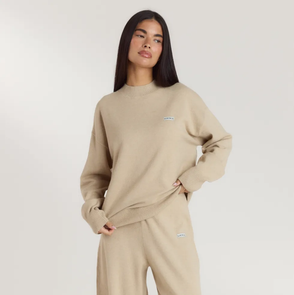 Cuffed Crew Neck Knitted Jumper - Oatmeal Marl
