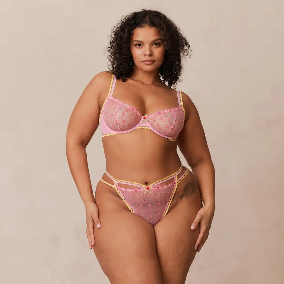 Daisy Embroidered Balcony Bra & Thong/Briefs Set - Pink