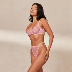 Daisy Embroidered Balcony Bra & Thong/Briefs Set - Pink