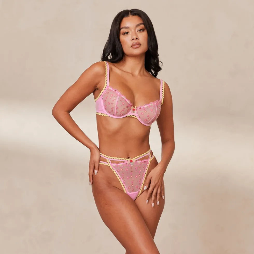 Daisy Embroidered Balcony Bra & Thong/Briefs Set - Pink
