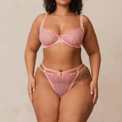 Daisy Embroidered Balcony Bra & Thong/Briefs Set - Pink