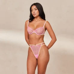 Daisy Embroidered Balcony Bra & Thong/Briefs Set - Pink