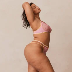 Daisy Embroidered Balcony Bra & Thong/Briefs Set - Pink