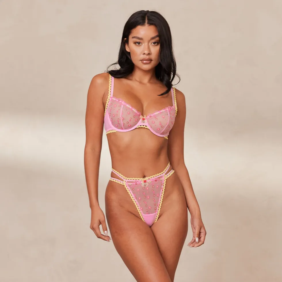 Daisy Embroidered Balcony Bra & Thong/Briefs Set - Pink