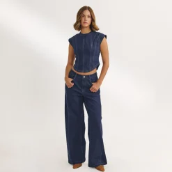 Dipped-Waist Wide-Leg Jeans - Indigo Blue