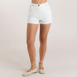 Embroidered Denim Shorts - White