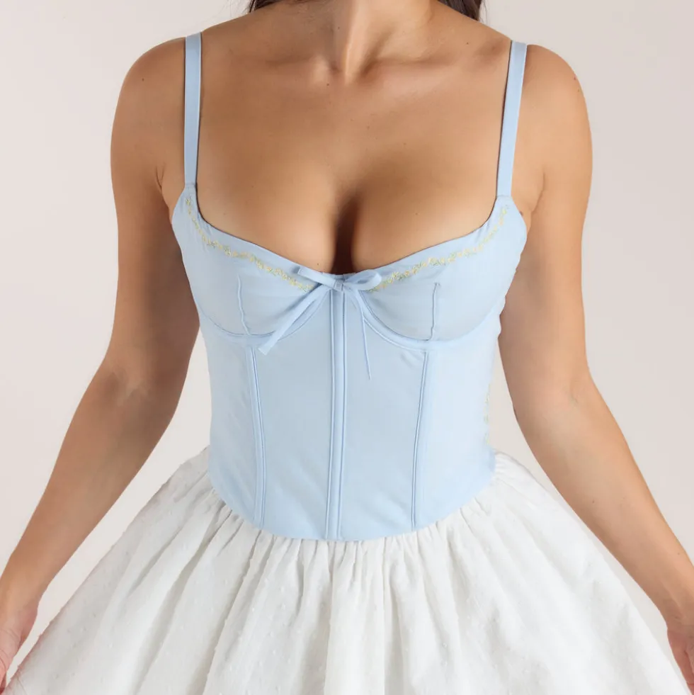 Embroidered Floral Corset Top - Blue
