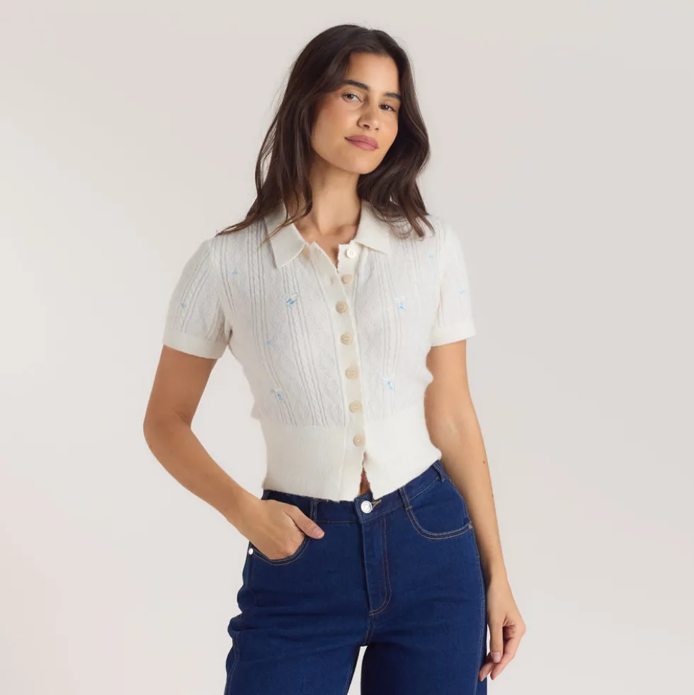 Embroidered Knitted Top - Cream