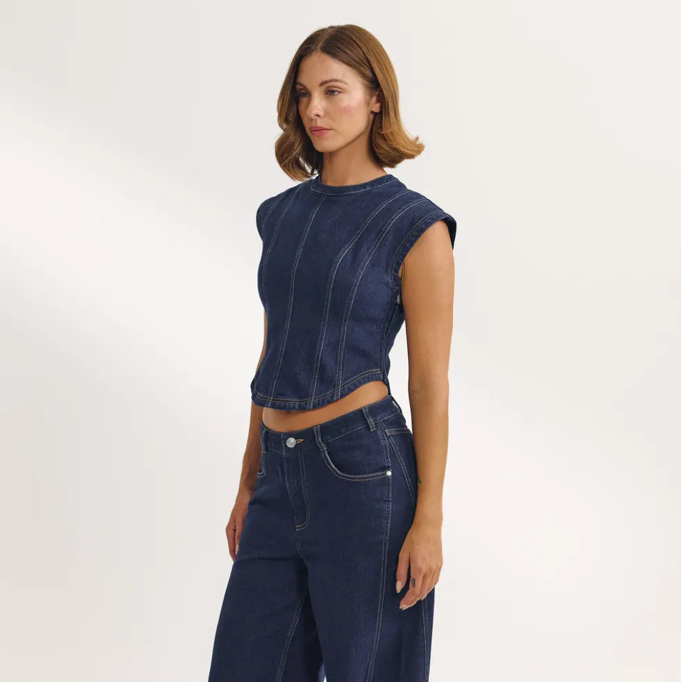 Fitted Denim Top - Indigo Blue