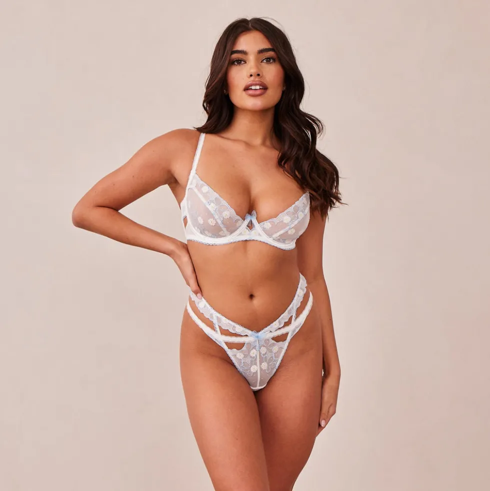 Fleur Balcony Bra & G-string Set - White & Blue