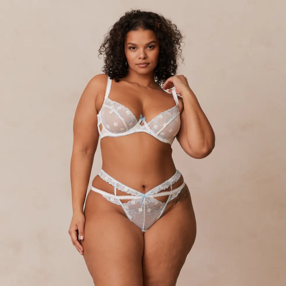 Fleur Balcony Bra & G-string Set - White & Blue