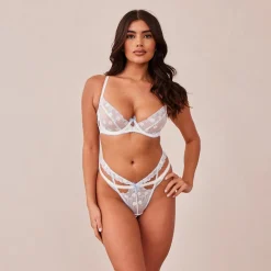 Fleur Balcony Bra & G-string Set - White & Blue