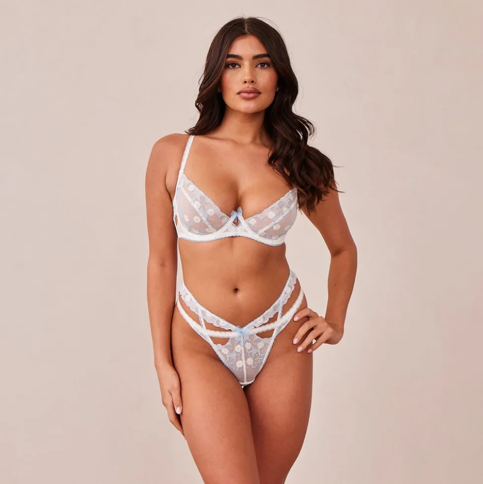 Fleur Balcony Bra & G-string Set - White & Blue