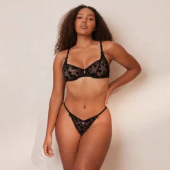 Flocked Floral Balcony Bra & Thong/Briefs Set - Black