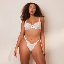 Flocked Floral Balcony Bra & Thong/Briefs Set - White