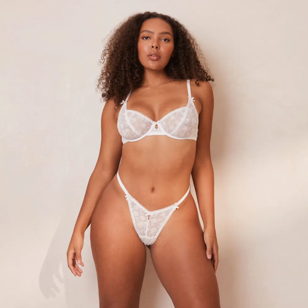 Flocked Floral Balcony Bra & Thong/Briefs Set - White