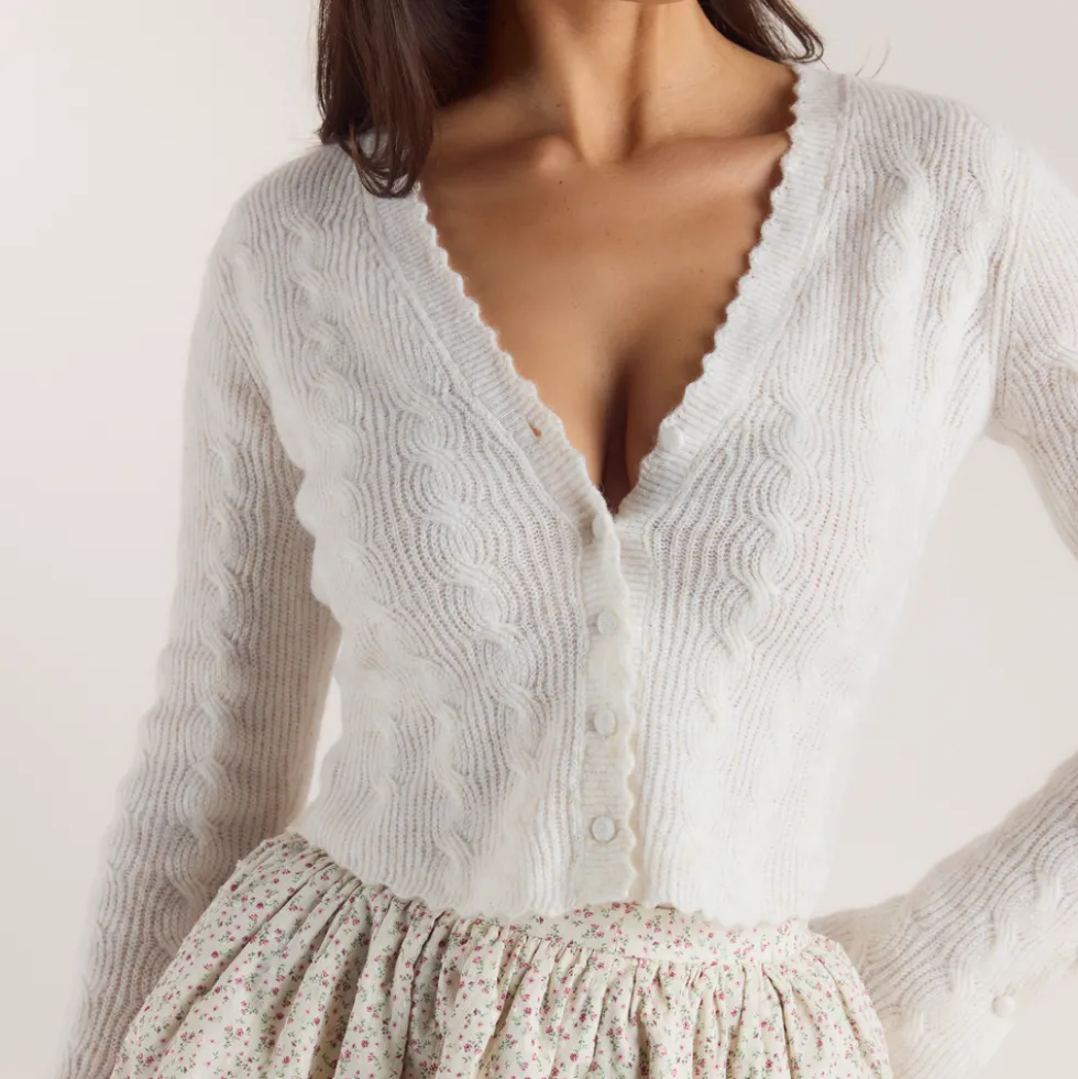 Fluted Sleeve Knitted Cardigan - Cream