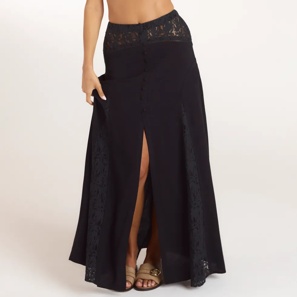 Lace Insert Maxi Skirt - Black