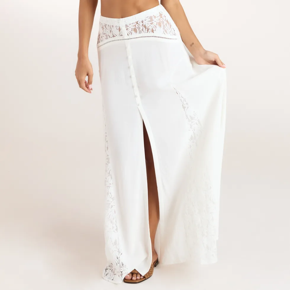 Lace Insert Maxi Skirt - Cream