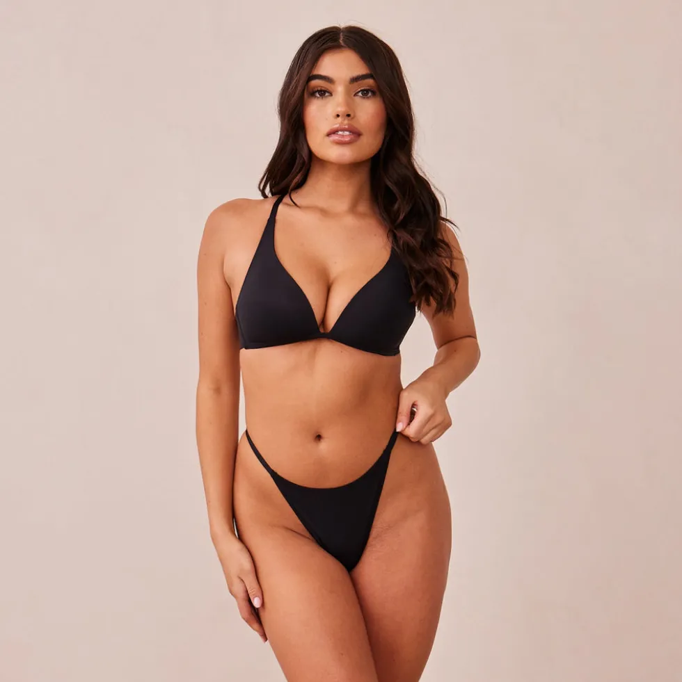 Light Non-wire Plunge T-shirt Bra & Thong/Briefs Set - Black