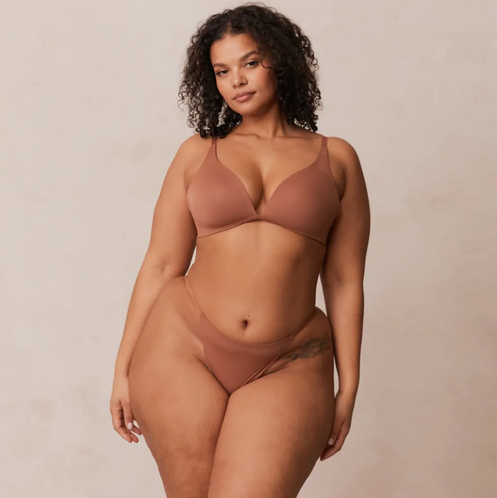 Light Non-wire Plunge T-shirt Bra & Thong/Briefs Set - Mocha