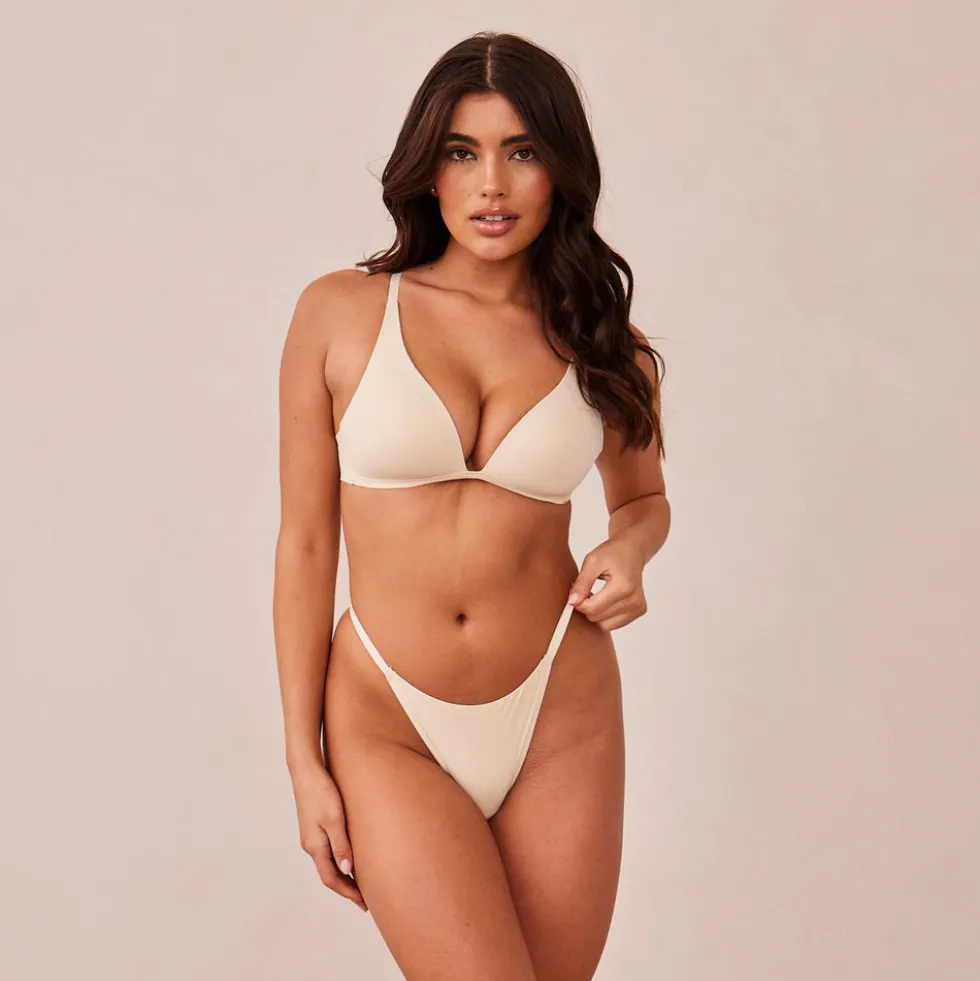 Light Non-wire Plunge T-shirt Bra & Thong/Briefs Set - Latte