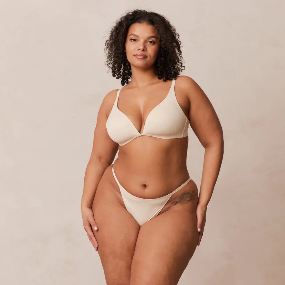 Light Non-wire Plunge T-shirt Bra & Thong/Briefs Set - Latte