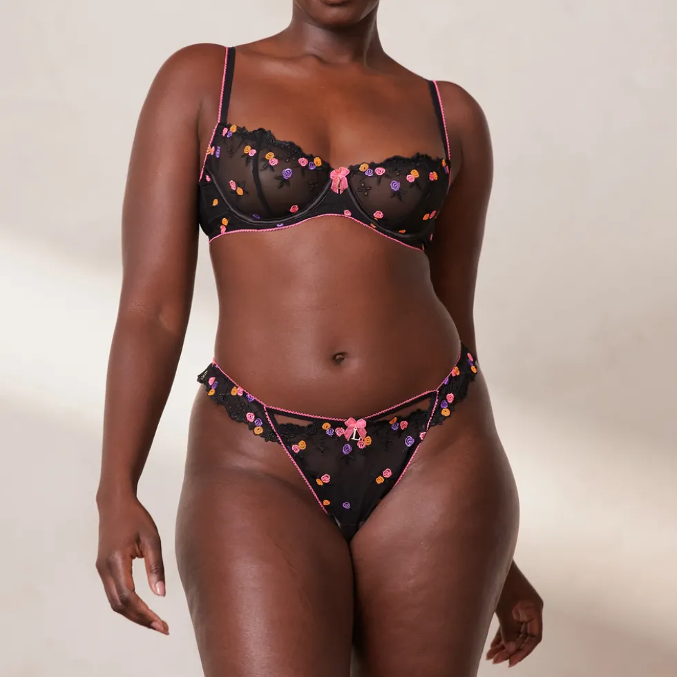 Neon Balcony Bra & G-string Set - Black
