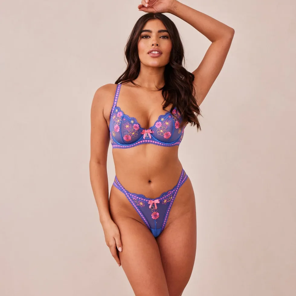 Neon Balcony Bra & Thong Set - Blue