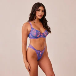 Neon Balcony Bra & Thong Set - Blue