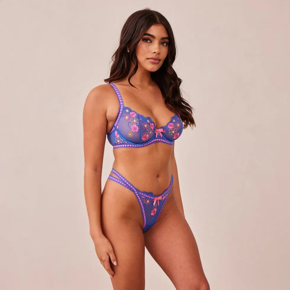 Neon Balcony Bra & Thong Set - Blue