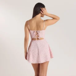 Pleat & Lace Detail Mini Dress - Pink Floral