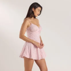 Pleat & Lace Detail Mini Dress - Pink Floral