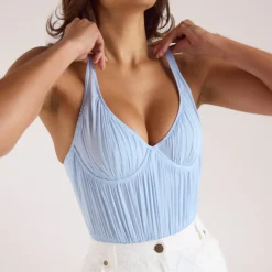 Pleated Mesh Bodysuit - Blue