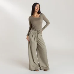 Pleated Wide Leg Trousers - Thyme