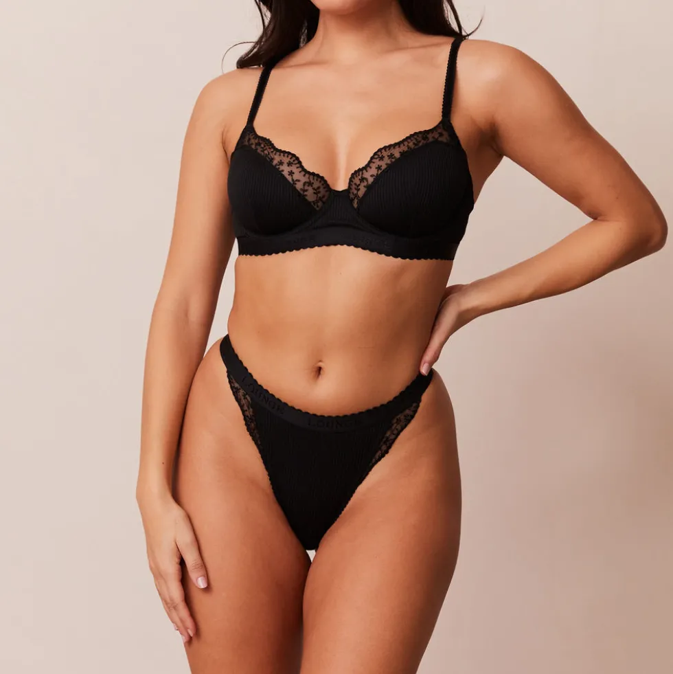 Ribbed Balcony Bra & Thong/Briefs Set - Black