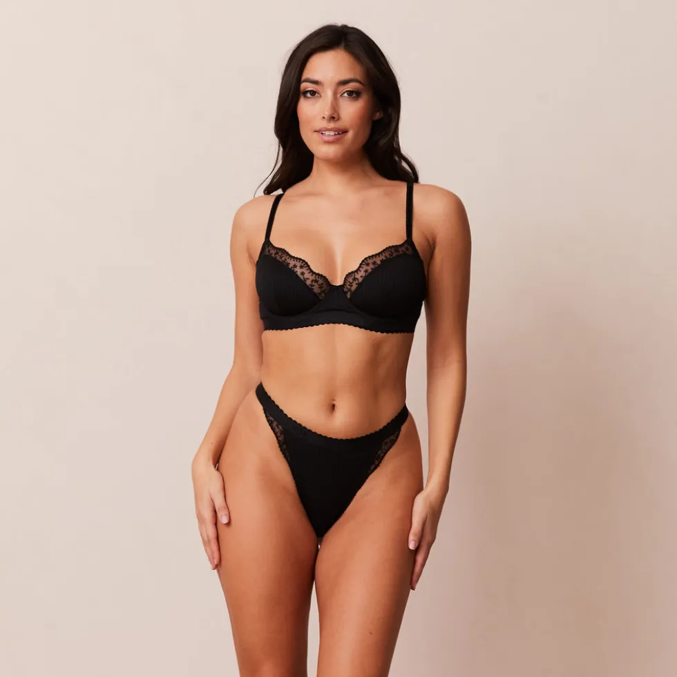Ribbed Balcony Bra & Thong/Briefs Set - Black