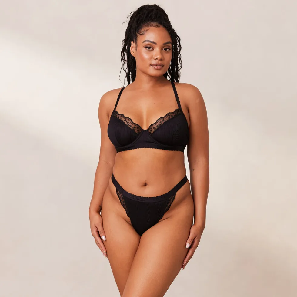 Ribbed Balcony Bra & Thong/Briefs Set - Black