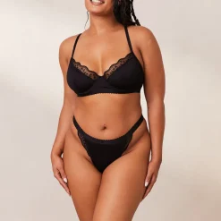 Ribbed Balcony Bra & Thong/Briefs Set - Black