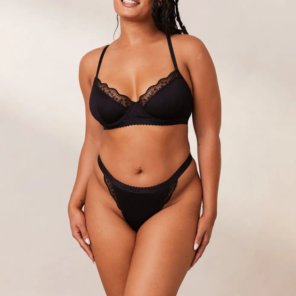 Ribbed Balcony Bra & Thong/Briefs Set - Black