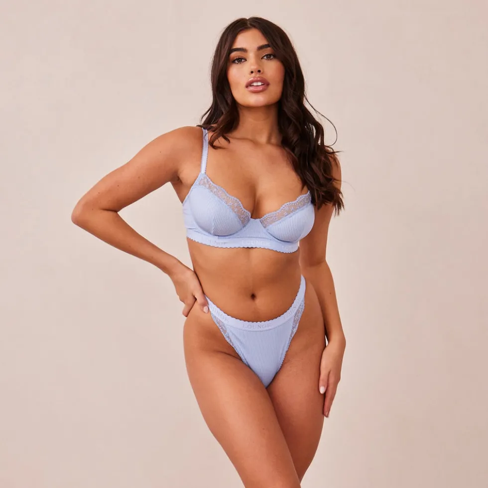 Ribbed Balcony Bra & Thong/Briefs Set - Blue