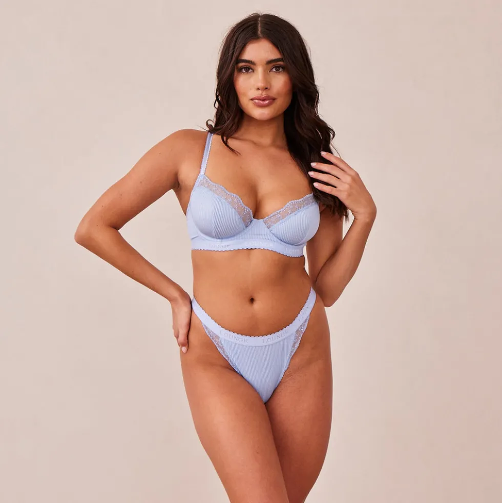 Ribbed Balcony Bra & Thong/Briefs Set - Blue